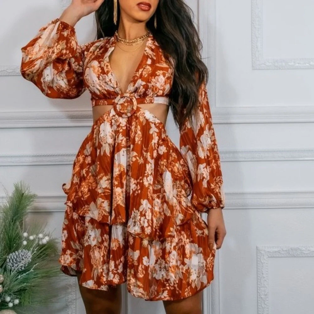 Resort Red Cut-Out Ruffle Floral Midi Romper - Picture 3 of 8